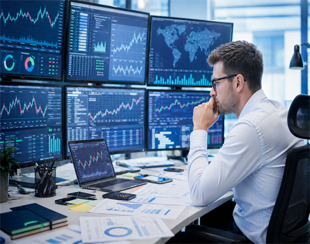 Trader reviewing market data across multiple tools